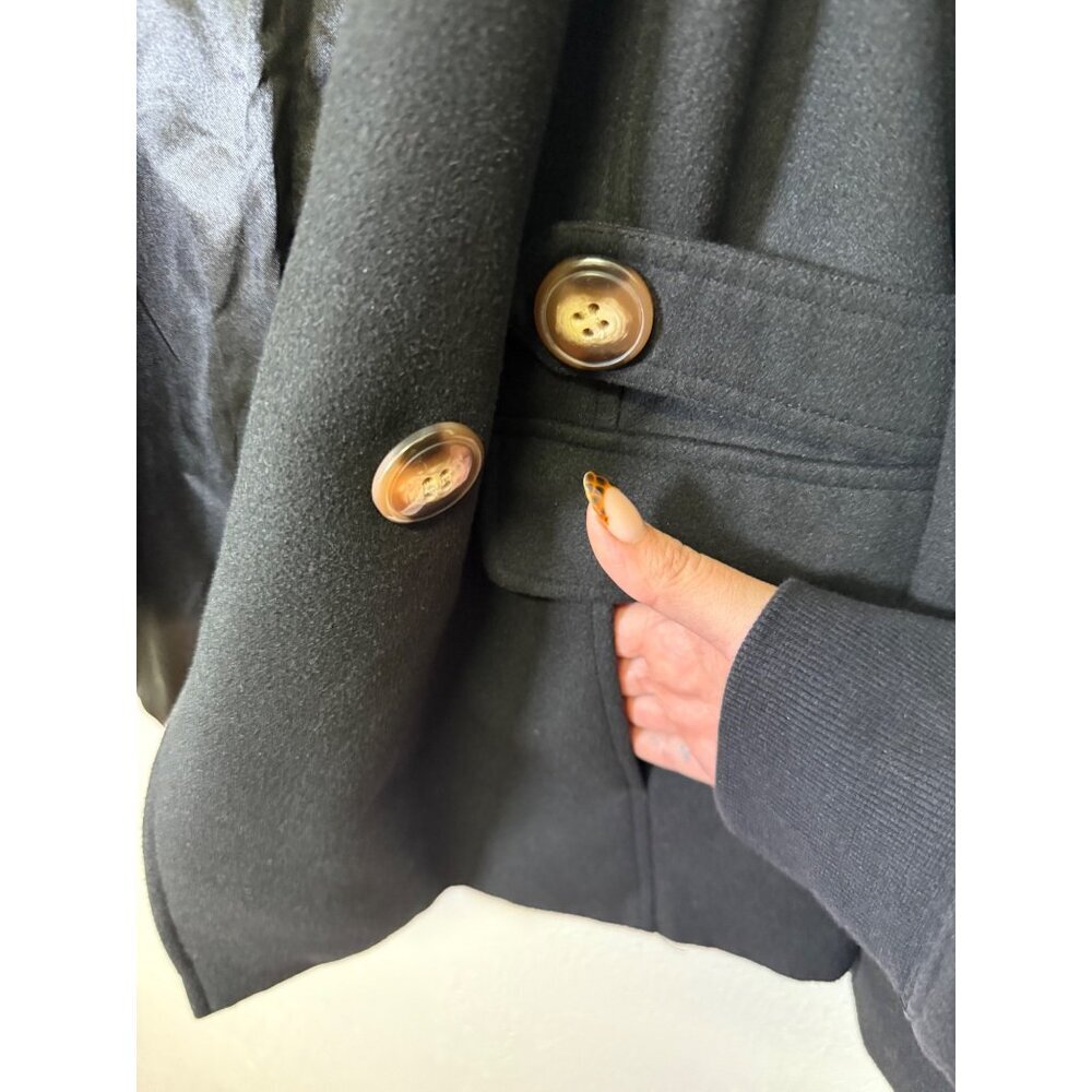PINK ENVELOPE Womens Long Sleeve Button Front PeaCoat Jacket Black Hooded - Picture 9 of 13